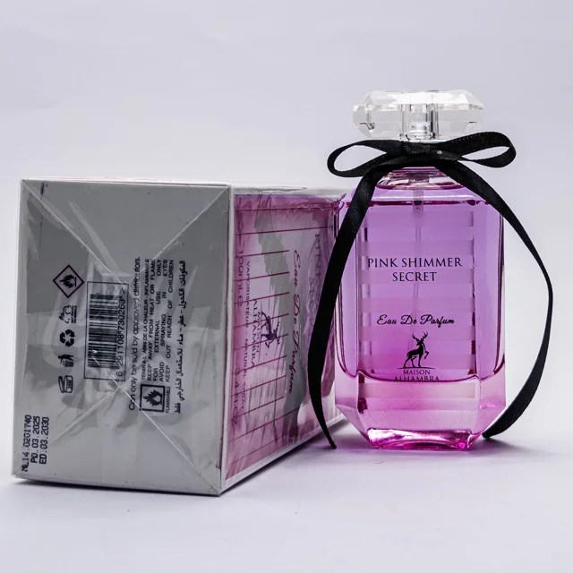 پینک شیمر سکرت الحمبرا - Pink Shimmer Secret 100ml -شیشه و جعبه عطر بچ کد و بار کد